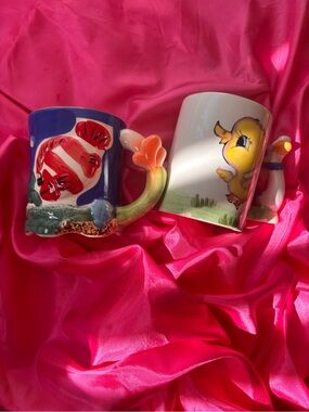 Playful Fish & Duck Hand-Painted Ceramic Mug Pair - Red & Yellow Accents
